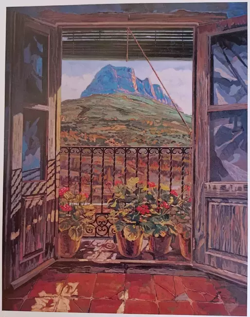 Comedor de Casa Arnal en Escalona (Huesca). Al fondo la Peña Montañesa 